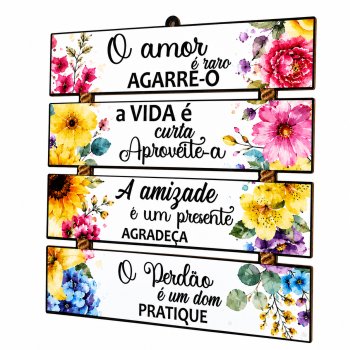 Quadro Decorativo Placas Frases Amor Vida Amizade Perdão Floral Madeira